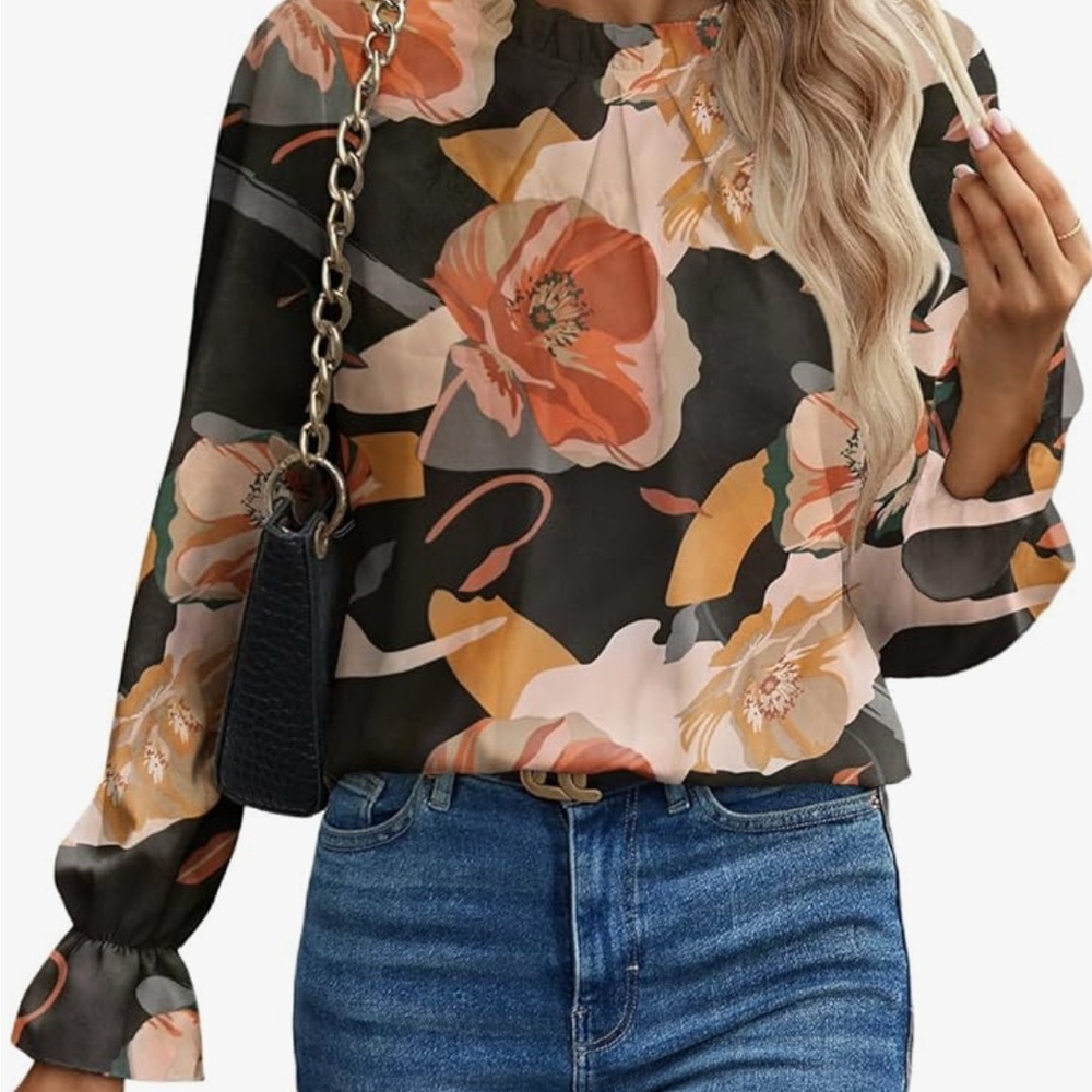 Orange and Pink Graphic Blouse with Cuffed Sleeves